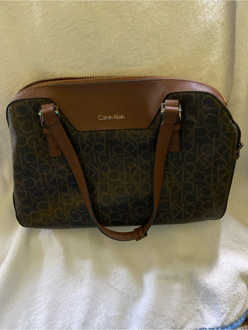 Calvin Klein Dark Brown CK Monogram Laptop Tote with Tan Trim